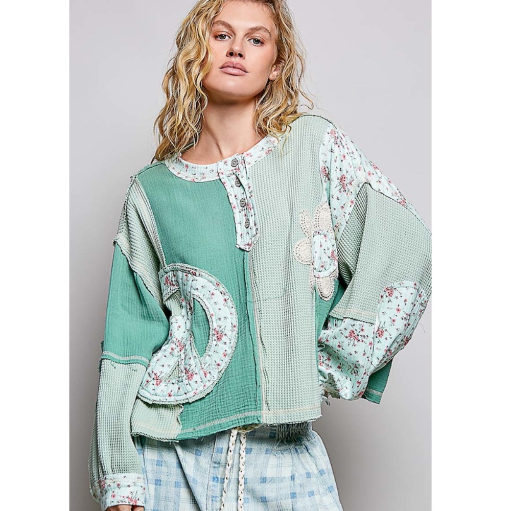 "The Rachel" Mint Green Peace Sign/Flower Patch Top